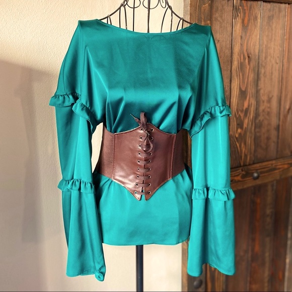 💚 Emerald Green Faux Satin Ruffle Slv Blouse Sz S - Picture 7 of 7